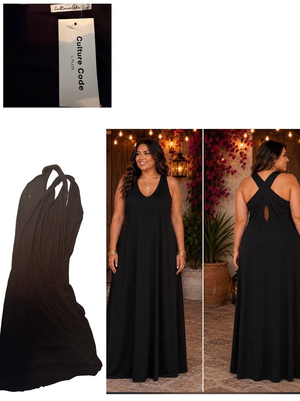 Plus Size Black Maxi Dress with Cross-Back